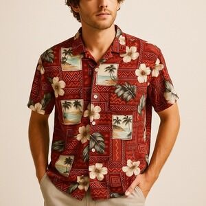 CAMPA MODA Mens Red Tropical Palm Tree Floral Hawaiian Shirt XL Short Sleeve